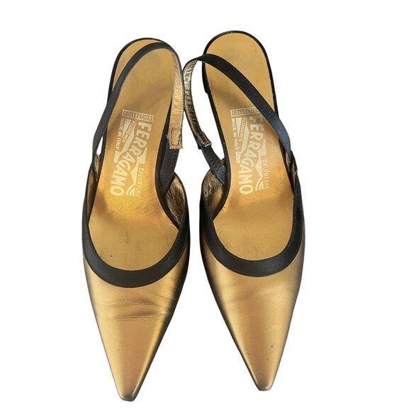 Vintage Salvatore Ferragamo Gold Slingback Pumps – Size 7 - Picture 1 of 14